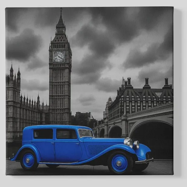 Trendex Global Vierkant Canvas Schilderij - Blauwe Oldtimer - Big Ben - Londen - 100x100 cm