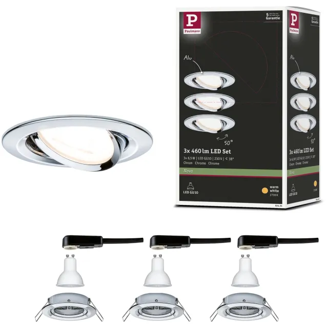 Paulmann LED-inbouwlamp Nova schwenkbar Basisset zwenkbaar rond 84 mm 50° GU10 3x6,5W 3x460lm 230V 2700K Chroom