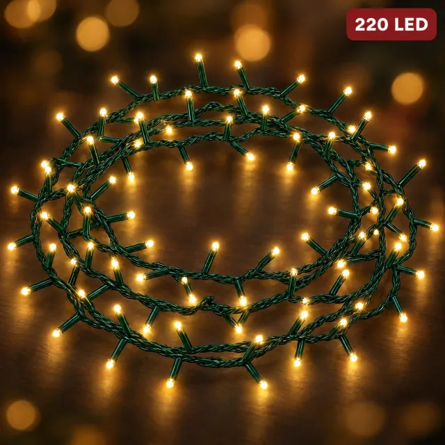 Cheqo Kerstboomverlichting 220 LED - 5 Meter - Warm Wit - Kerstverlichting - Kerstlampjes - Groen Snoer - Lichtsnoer - LED Verlichting voor Binnen en Buiten - Sfeerverlichting - Feestverlichting - Lichtslinger - Dimbaar met Timer - IP44