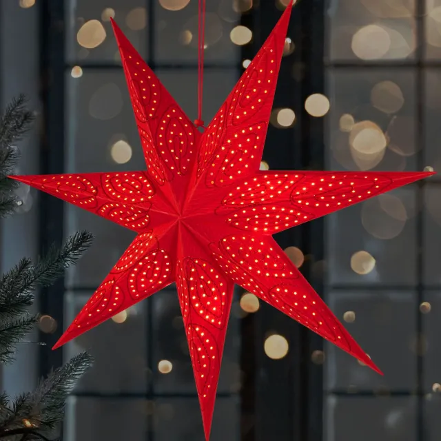 Brubaker 60 cm Papieren Kerstster om op te Hangen - LED Adventsster voor Kerstdecoratie en Raam - 3D Papieren Ster met Timer Functie - Hangende Lichtster - Verlichtbaar met Batterij - Rood Rood Patroon grof