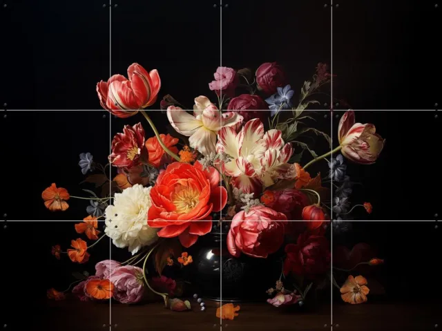 IXXI Bloemstuk op Vaas, Margriet Hulsker - 80 x 60 cm - Grote wanddecoratie en posters - Klassiek, Woonkamer, Eetkamer, Wilde Bloemen, Tulpen Zwart / Rood
