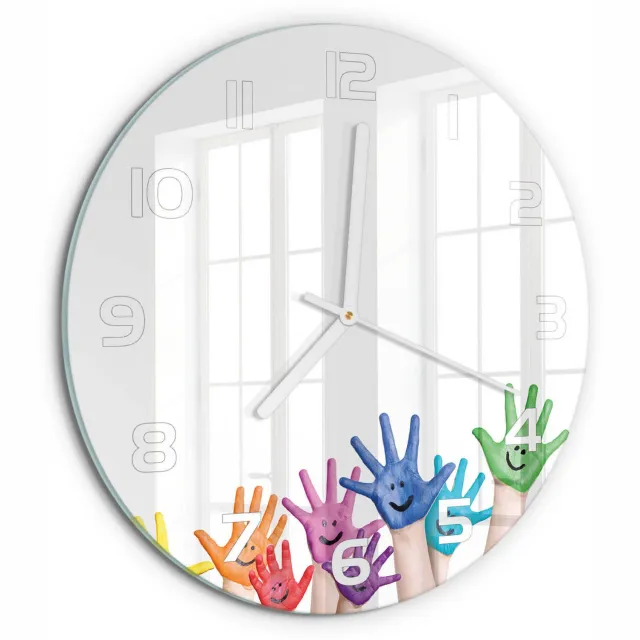 TULUP Wandklok - Geschilderde handen Wandklok Glas Met Motief - fi30 cm - Veelkleurig Decoratieve Glazen Klok - Witte handen - Ronde Klok - Gekleurde Glazen Klok - Glazen Klok Met Print