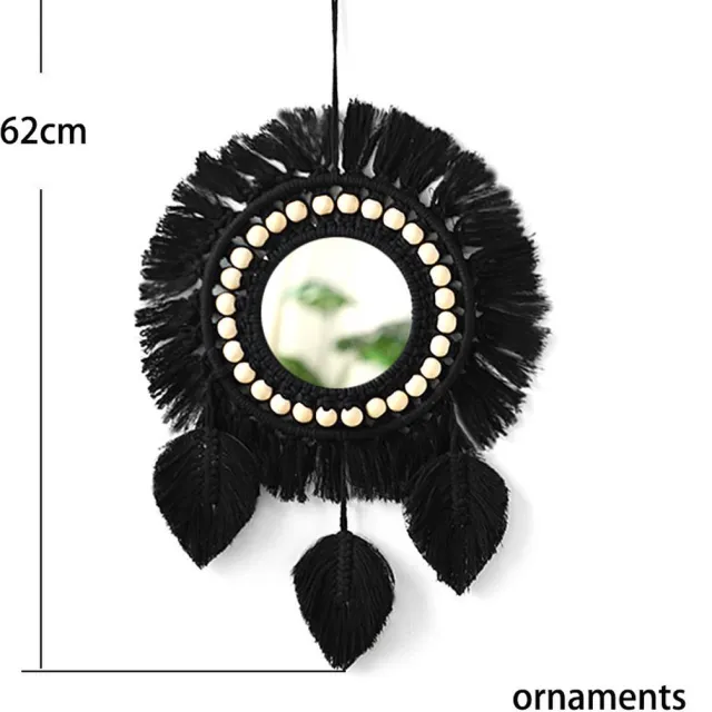 YAZA Macramé Spiegel | Handgemaakt | Hoogwaardige kwaliteit | Wandspiegel | Kraaltjes | Veren | Zwart