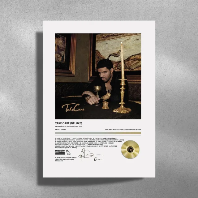 sunnydesignsposters.nl Drake - Metalen Poster 30x40cm - Take Care (Deluxe) - album cover geel