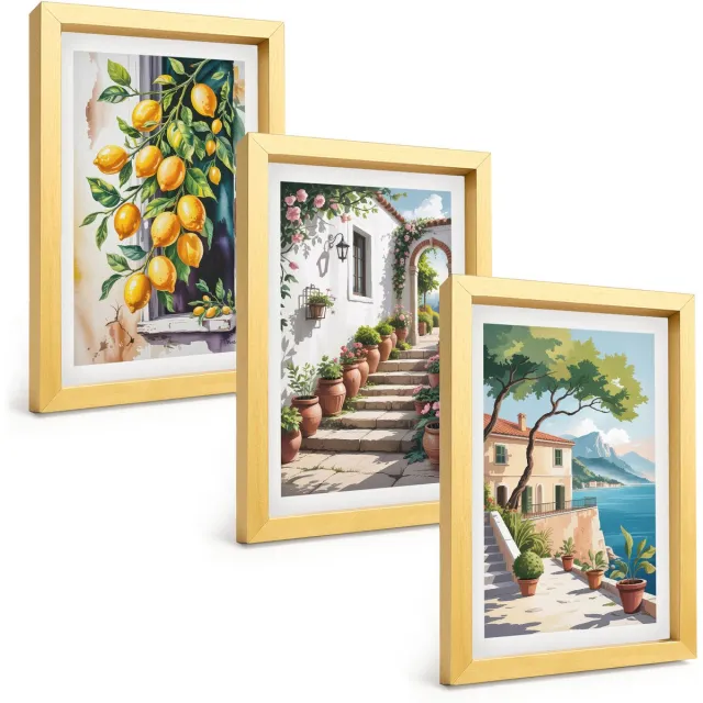 TULUP 4-Delige Schilderij Set - Citroenen tegen een achtergrond van bloemen en uitzicht op zee. - 20 x 30 cm - Wanddecoratie - Woonkamer Decoratie Gouden lijst