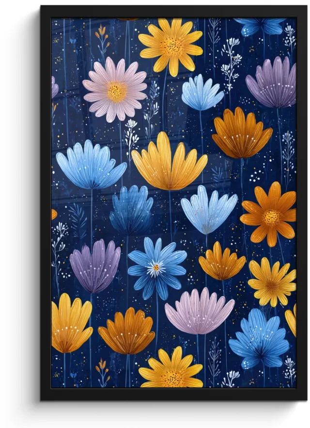 FrameYourWall Poster in lijst - Fotolijst 40x60 cm - Posters - Bloemen - Patroon - Blauw - Contrast - Posterlijst zwart - Decoratie - Wanddecoratie woonkamer - Muurdecoratie slaapkamer Bloemen - Patroon - Contrast