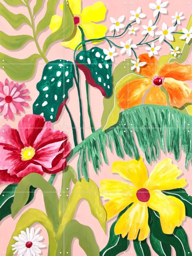 IXXI Flores y Plantas, Palmartprints - 60 x 80 cm - Grote wanddecoratie en posters - Kleurrijk, Speels, Modern, Illustraties, Slaapkamer, Woonkamer Roze
