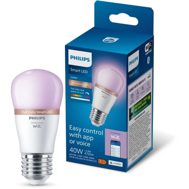 Philips Smart Lighting - LED-lamp - E27 fitting - RGB - Gekleurd en instelbaar wit licht - Dimbaar - 40W - Kogellamp: P45 - Wifi