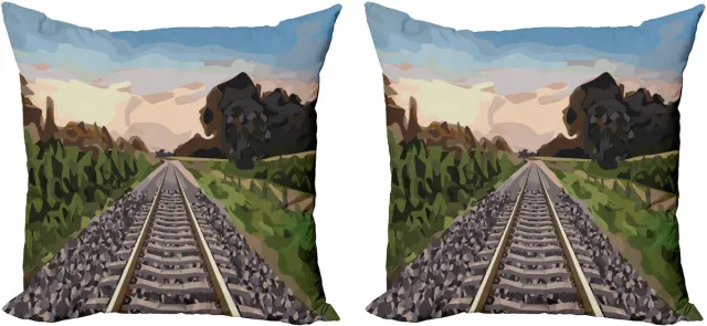 ABAKUHAUS Decoratieve kussenhoes met spoorwegmotief, 2 stuks, stenen en spoorrails, moderne accentprint, dubbelzijdig digitaal, 40x40 cm, meerkleurig