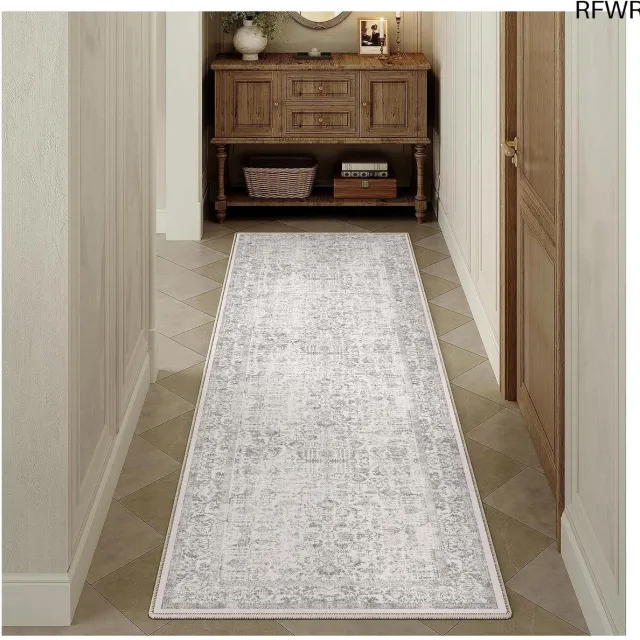 RFWR Vintage Antislip Loper Tapijt 60x180cm - Machinewasbaar Vloerkleed voor Keuken en Woonkamer Grijs