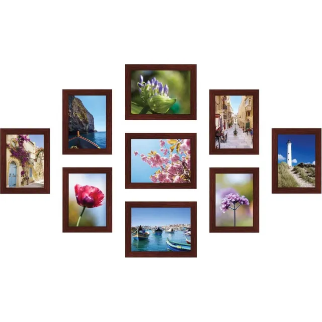 SecaDesign Fotowand bruin 9 fotolijsten PIA9BR met handige template voor plaatsing. 6x 13x18cm, 3x 15x20cm fotomaat - fotomuur