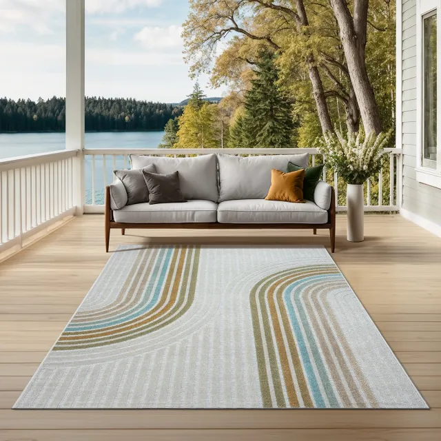 the carpet Porto – Modern outdoor tapijt met retro lijnpatroon, beige multicolor 140 x 200 cm