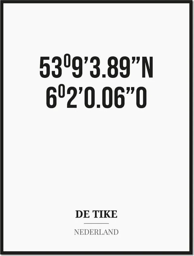 Studio216 Poster/kaart DE TIKE met coördinaten zwart, wit