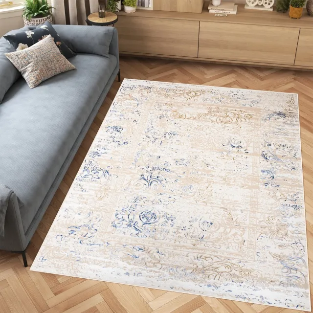 Tapiso Hera Vloerkleed Beige Woonkamer Bloemen Modern Tapijt Beige Blauw 3