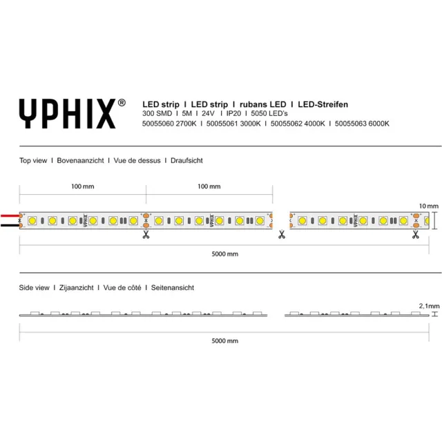 YPHIX LED strip 5m 24V 3000K IP20 300 SMD 5050 LEDS Wit