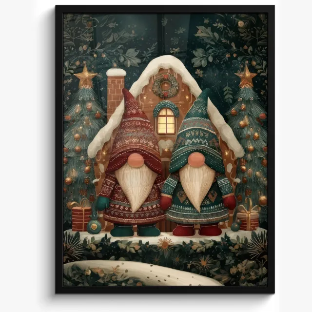 FrameYourWall Poster in lijst - Fotolijst 50x70 cm - Posters - Kerst - Gnomen - Peperkoekhuisje - Rood - Groen - Posterlijst zwart - Decoratie - Wanddecoratie woonkamer - Muurdecoratie slaapkamer - Kerstversiering - Kerstdecoratie voor binnen - Kerstmis Kerst - Gnomen - Huisje - Rood - Groen