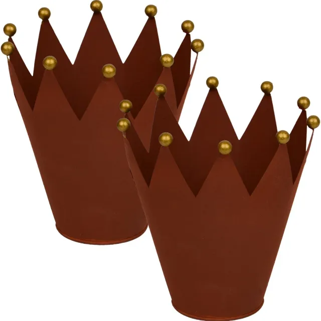 UNUS Zinken kroon plantenpot met gouden bollen 16 cm roestlook set van 2 tuindecoratie kandelaar bloempot