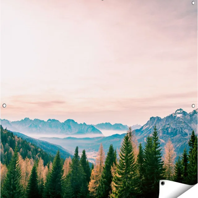 Gards Tuinposter Bos met Bomen bij Bergen Landschap - 100x100 cm - Tuindoek - Tuindecoratie - Wanddecoratie buiten - Tuinschilderij Multikleur