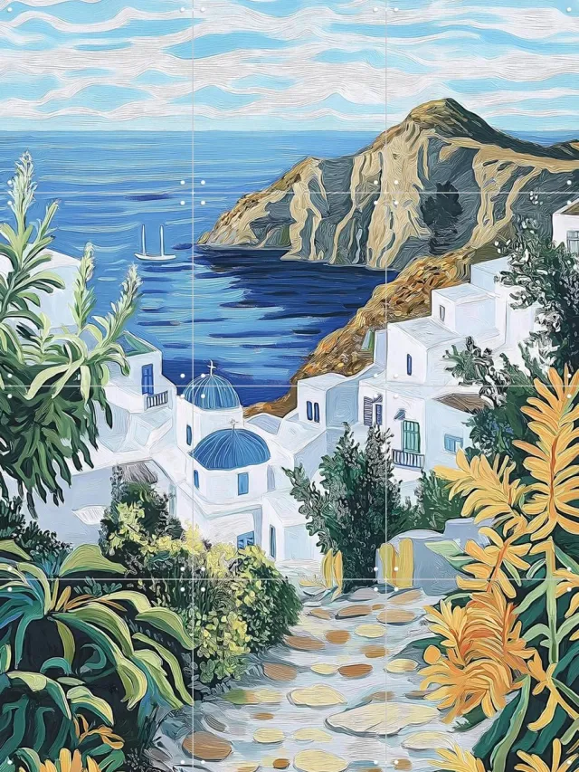 IXXI Santorini Silence, Artclaud - 60 x 80 cm - Grote wanddecoratie en posters - Kleurrijk, Illustraties, Woonkamer, Slaapkamer, Bloemen, Reizen Blauw