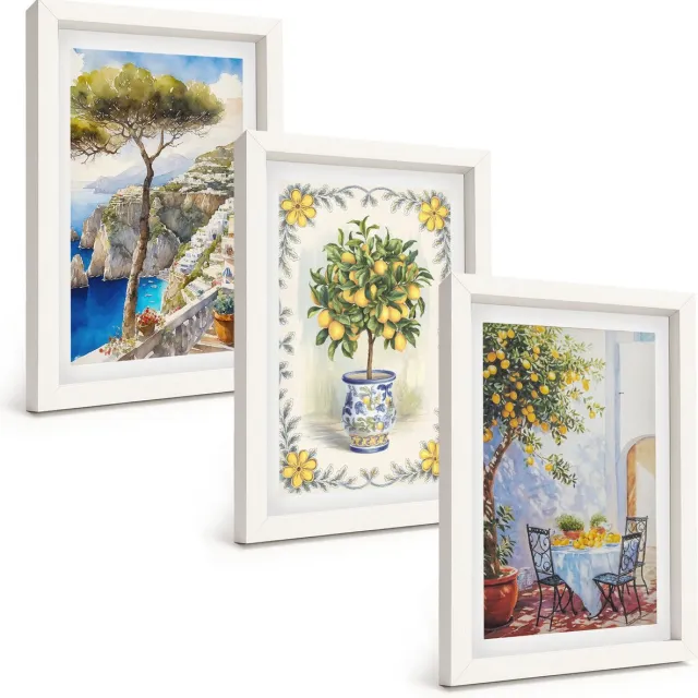 TULUP 3-Delige Schilderij Set - Uitzicht op zee met citroenbomen - 20x30 - Decoratieve Schilderijen - Wanddecoratie - Hal - Muurdecoratie Witte lijst