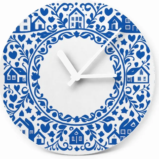 Mr Cadeautjes Glazen klok Ø 20 - design Een klassieke blauw-witte rand met huiselijke symbolen en ee | cadeau
