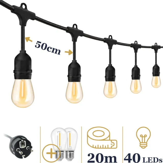 Odaily Lichtsnoer voor Buiten - 20 Meter - 40 LED Lampen - Warm Wit Licht - IP65 - Horecakwaliteit