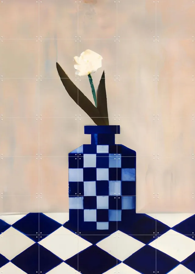 IXXI Check The Vase, Interiorisla - 100 x 140 cm - Grote wanddecoratie en posters - Speels, Abstract, Eetkamer, Woonkamer, Keuken, Trap, Bloemen Beige / Blauw
