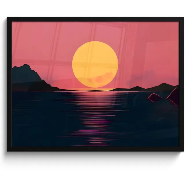 FrameYourWall Poster in lijst - Fotolijst 70x50 cm - Posters - Zon - Geel - Bergen - Water - Posterlijst zwart - Decoratie - Wanddecoratie woonkamer - Muurdecoratie slaapkamer