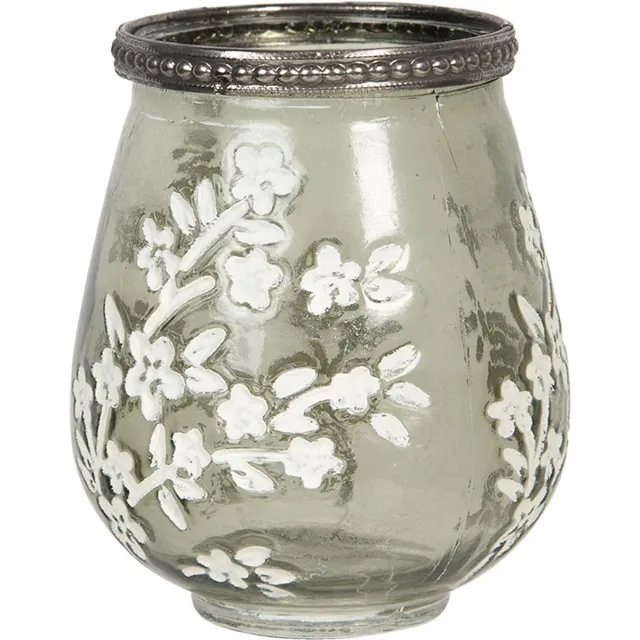 Clayre & Eef Theelichthouder Ø 9x11 cm Groen Wit Glas Bloemen