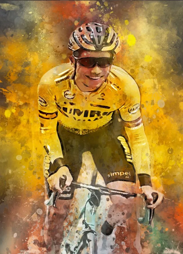 Van Aert ingelijste poster - Portretposter Wout van Aert met omlijsting - Poster wielrennen - A4 formaat - 21x 29.7 cm - Donkergrijze achtergrondkleur