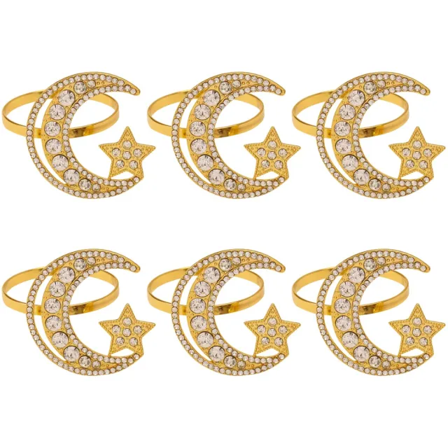 QTTVBTNA 6 Stuks Servetringen - Maan en Ster Design - Metalen Tafeldecoratie voor Feestdagen - Festiviteiten Accessoires voor Suikerfeest, Ramadan & Speciale Gelegenheden - Goud