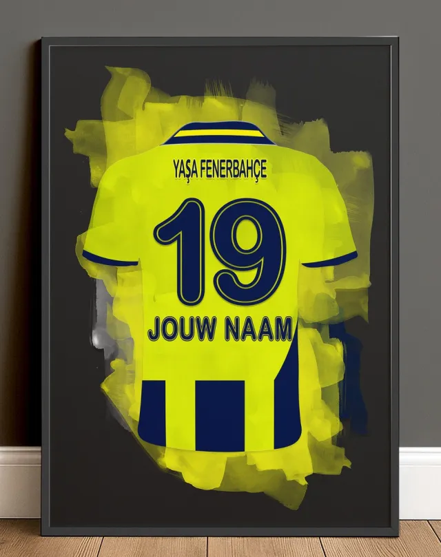 Fenerbahce Voetbal Poster Met Eigen Naam - Inclusief Zwarte Lijst - Formaat A2 (42 x 59.4 cm) - Blauw Geel - Voetbalcadeau met Naam & Rugnummer - Wanddecoratie Fans Donkergrijze achtergrondkleur