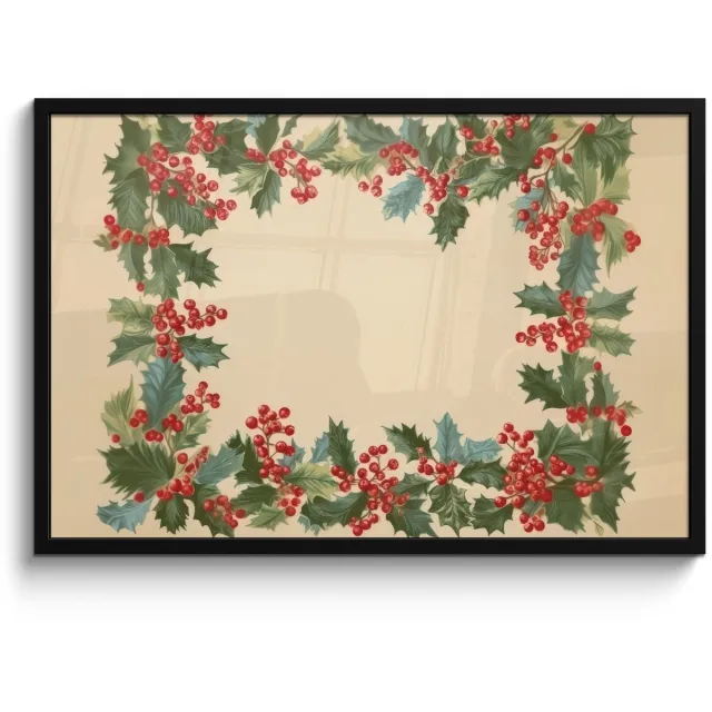 FrameYourWall Poster in lijst - Fotolijst 90x60 cm - Posters - Hulstrand - Bessen - Beige - Posterlijst zwart - Decoratie - Wanddecoratie woonkamer - Muurdecoratie slaapkamer - Kerstversiering - Kerstdecoratie voor binnen - Kerstmis