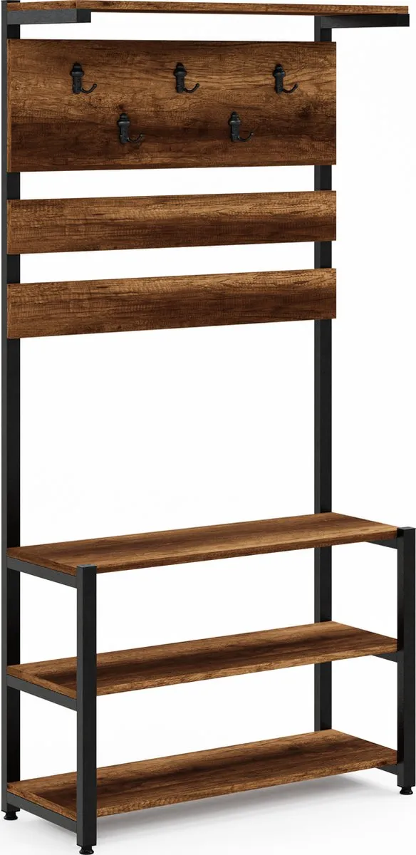 FurniChic Kapstok- Staande Kapstok - Garderoberek - Schoenenrek -Industrieel - Hout en Metaal- Bruin- 35x90x180cm Barok Walnoot