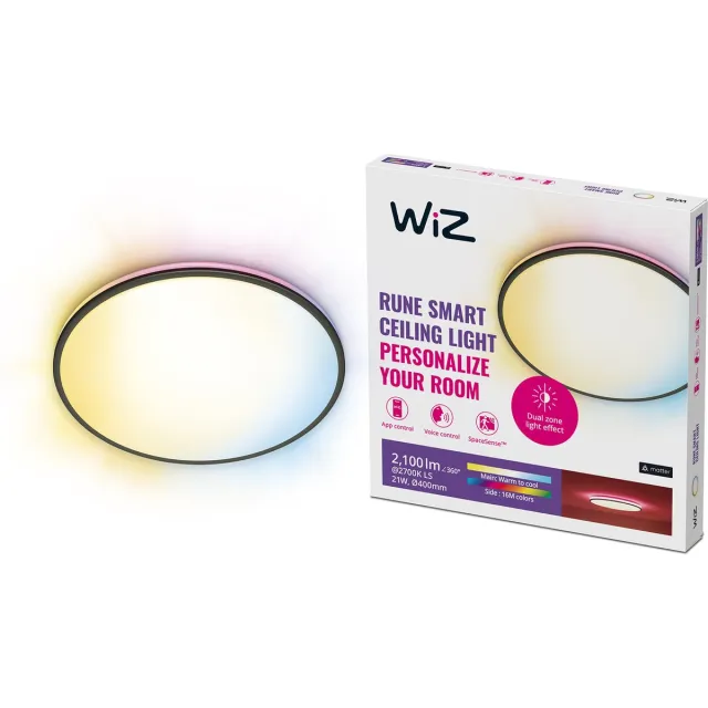 WiZ Plafondlamp Rune Zwart - Slimme LED-Verlichting - Gekleurd en Wit Licht - Geïntegreerd LED - 21W - Wi-Fi