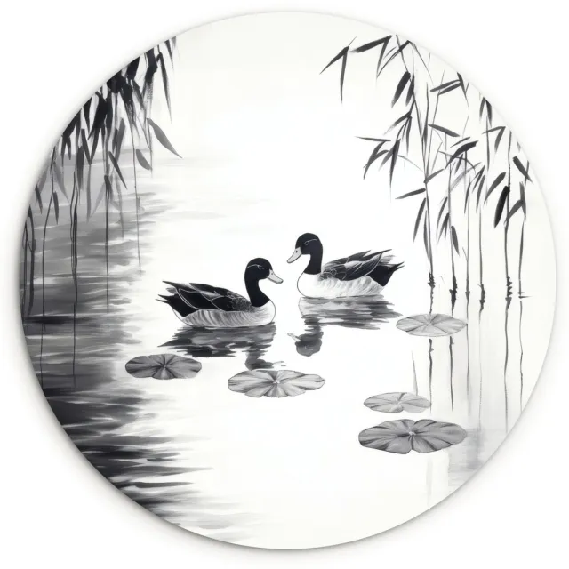 WallCircle Wandcirkel 30x30 cm - Muurcirkel Eenden - Waterlelies - Riet - Zwart - Muurdecoratie woonkamer - Wanddecoratie slaapkamer - Kamer decoratie accessoires - Ronde schilderijen