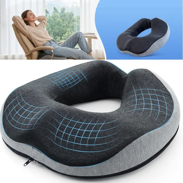 BENALLA Donutkussen Van Traagschuim - Ergonomisch Orthopedisch Ringkussen - Ademende Wasbare Hoes - Zitkussen grijszwart
