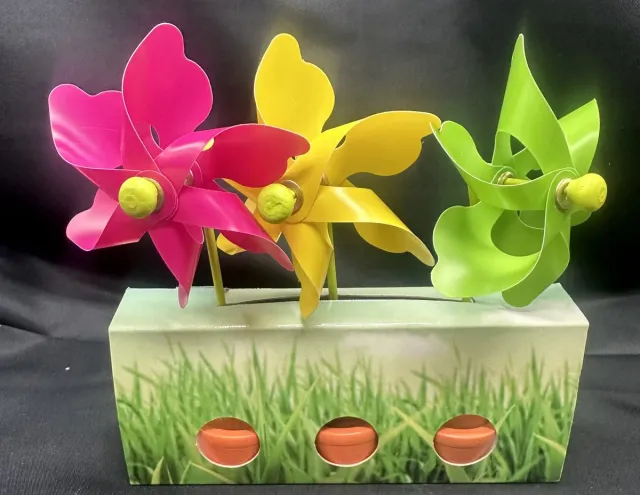 Impuls Set van 3 decoratieve windmolentjes in pot - kunststof+houten steker "uni roze/geel/groen"- meerkleurig + oranje potjes- dia 9 cm x hoogte 16 cm - Tuinaccessoires - tuinstekers Meerkleurig - uni roze-geel-groen