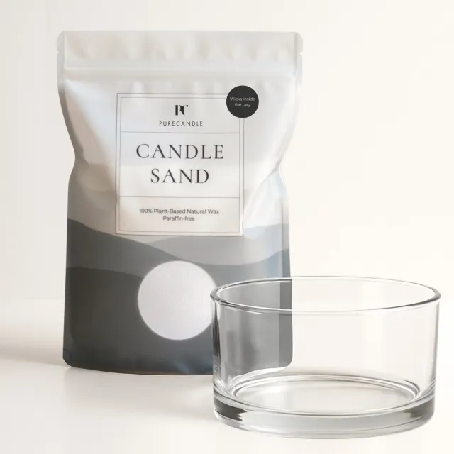 PureWorld PureCandle Kaarsenzand Cadeauset – Wit Kaarsenzand 450g + 30 Lonten – Glazen Schaal Clara Ø15 cm - Kaarszand starterpakket - Poederkaars Navulset & Kaarsendecoratie - Kaars parels Wit (Pure White)