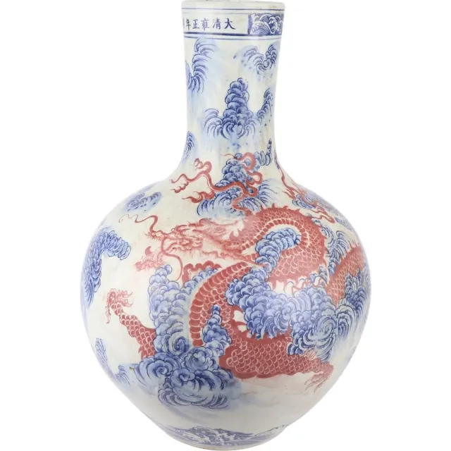 Fine Asianliving Chinese Vaas Porselein Draak Handgeschilderd Rood D39xH55cm Rood, Blauw, Wit, Multicolour