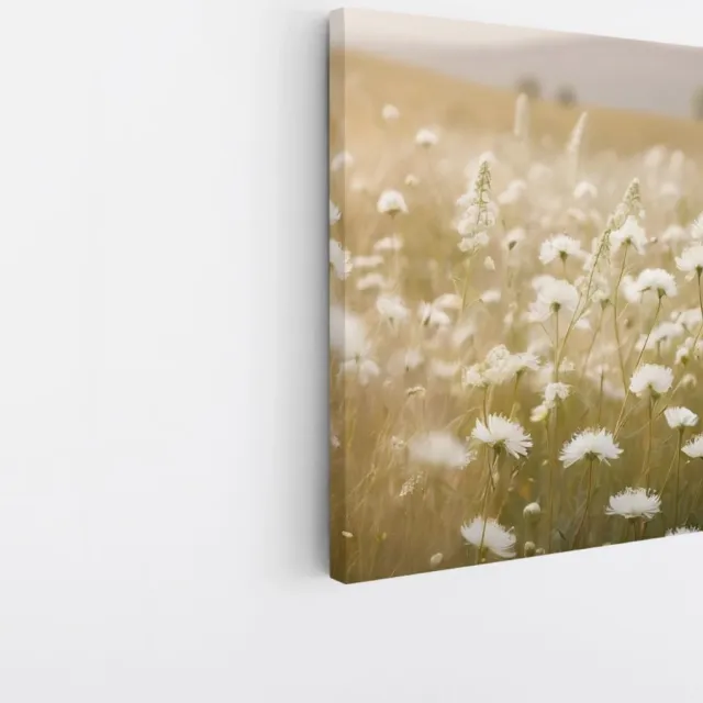 Saammp Canvas Schilderij - Landschap - Wit - Bloemen van dichtbij - Natuur - 60x60 - Foto op canvas - Wanddecoratie - Muurdecoratie Woonkamer - Slaapkamer decoratie - Canvas Print Multicolor