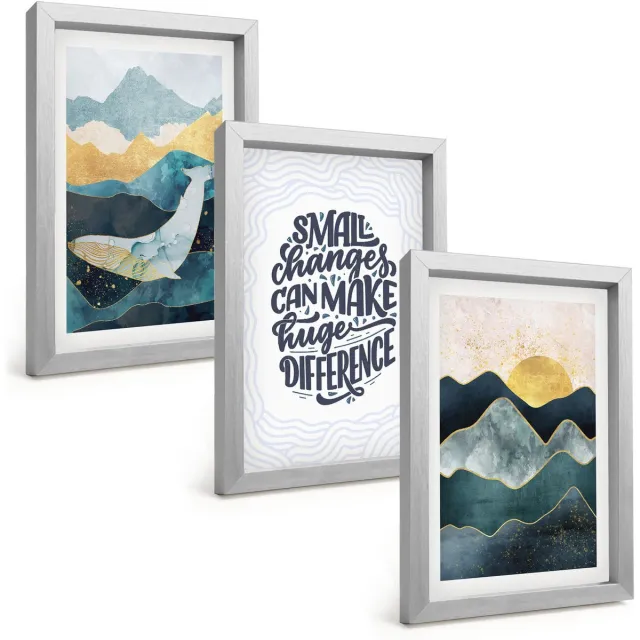 TULUP 4-Delige Schilderij Set - Abstracte berglandschappen met inspirerende belettering - 20 x 30 cm - Muurdecoratie - Interieur Decoratie Zilveren lijst