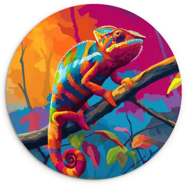 WallCircle Wandcirkel 30x30 cm - Muurcirkel Kameleon - Tak - Gestreept - Bladeren - Muurdecoratie woonkamer - Wanddecoratie slaapkamer - Kamer decoratie accessoires - Ronde schilderijen Kameleon - Kleurrijk