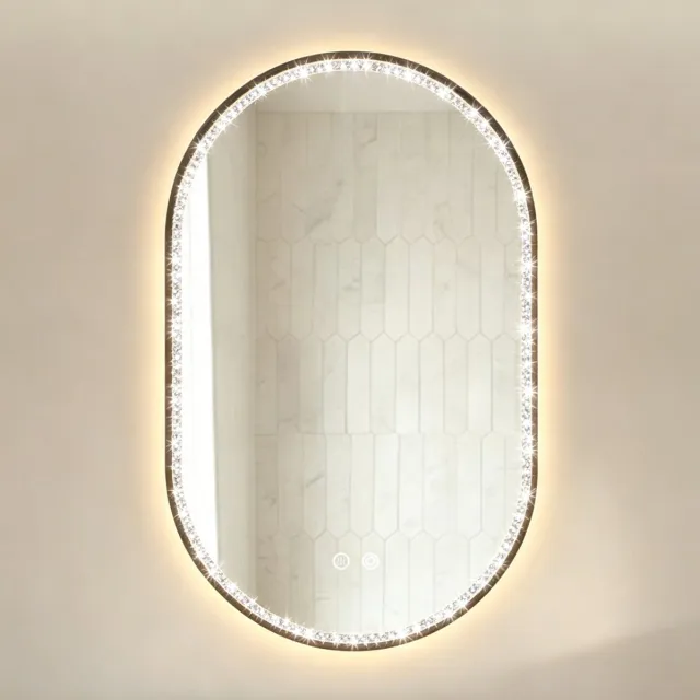OKWISH Badkamerspiegel Dimbaar Ovaal 50x80 Cm Glas Zwart Met Ledverlichting Anti-Condens 3 Kleurtemperaturen En Touchbediening Black