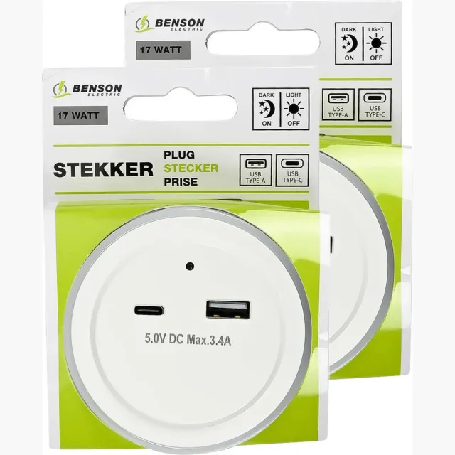 Benson LED nachtlampje - 2x - draadloos - met USB A en C - warm wit
