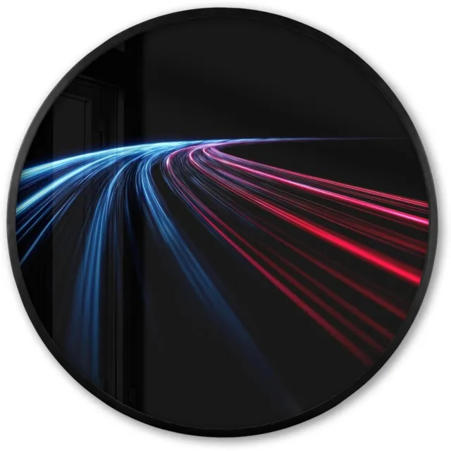 FrameYourWall Poster in lijst Rond - Fotolijst 80x80 cm - Posters - Gaming - Strepen - Gebogen - Blauw - Ronde posterlijst zwart - Decoratie - Wanddecoratie woonkamer - Muurdecoratie slaapkamer Lichtbanen