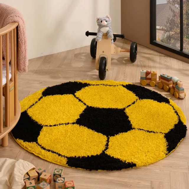 TrueWeave Voetbal vloerkleed rond - Sports geel/zwart 120