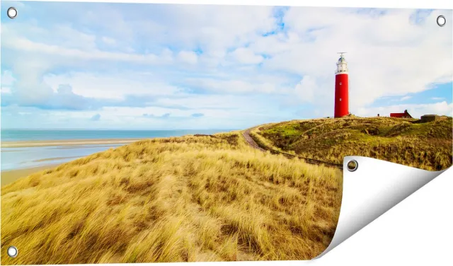 Gards Tuinposter Vuurtoren met Duinen in Texel - 80x40 cm - Tuindoek - Tuindecoratie - Wanddecoratie buiten - Tuinschilderij Multikleur