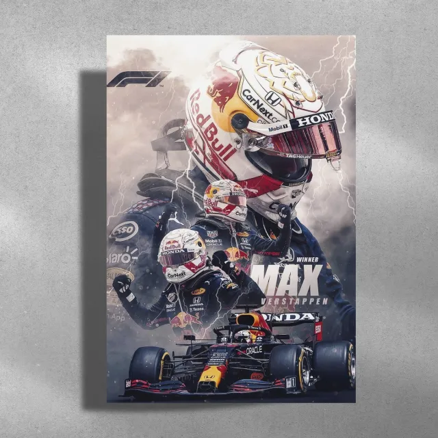 Luxe poster Max Verstappen - Metalen Poster 40x60cm - Formule 1 wit