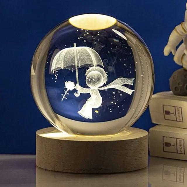 Mazaico 3D Kristallen Bal Nachtlampje - The Little Prince - LED Glas Licht Hologram Lamp met Massief Houten Basis - Nachtlamp - Cadeau idee - Verlichting - USB aansluiting Transparant-The Little Prince